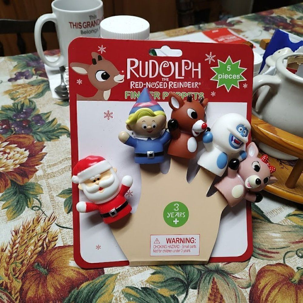 New 5 Piece Rudolph The Red Nosed Reindeer Finger Puppets